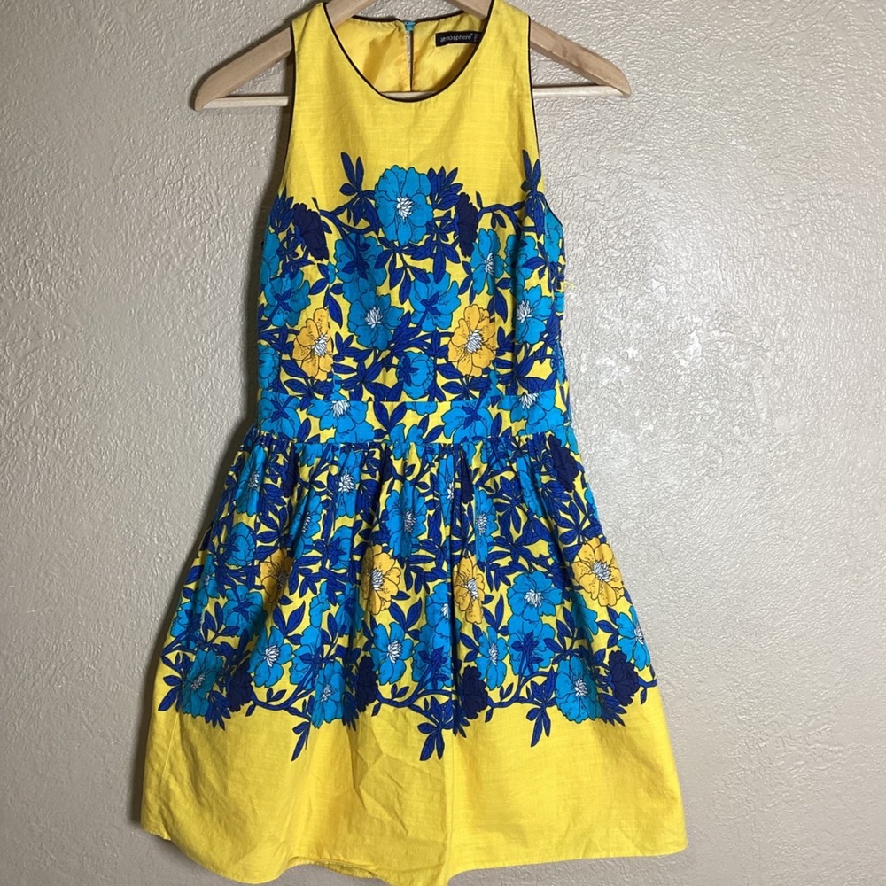 Atmosphere Vintage Yellow/Blue Floral Cutout Back Fit Flare Dress UK 12/ US 8